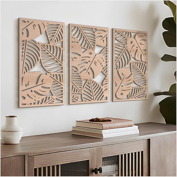 VIYYIEA Boho Solid Wood Carved Wall Art Set of 3, Geometric Minimalist Wooden by VIYYIEAART