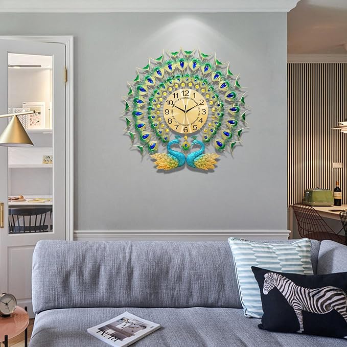 Large Peacock Wall Clock 27.6 inch Non-Ticking Silent Crystal Creative - Image 5