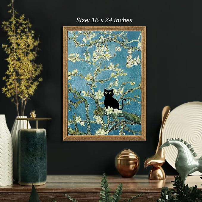 Fantasy Artists Van Gogh's Almond Blossom Funny Black Cat Canvas Wall Art - Image 3