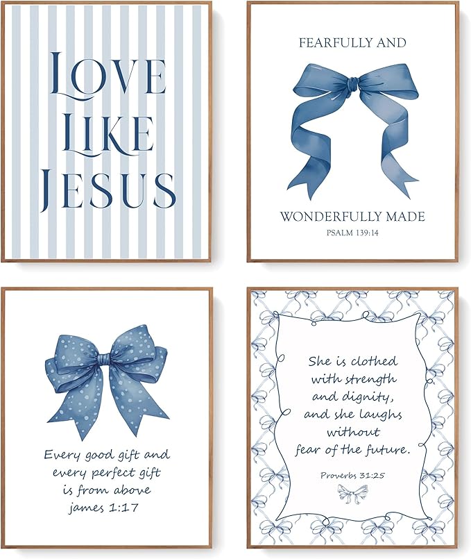 LARTSFRO Coquette Navy Blue Bow Jesus Wall Art Decor Posters, Inspirational by Unknown