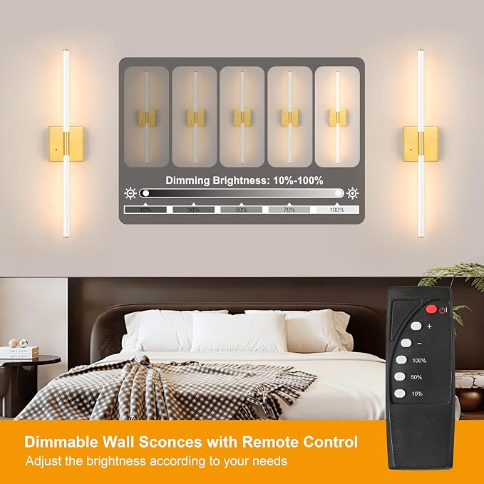 Morauroral 30 Inch White Gold Battery Operated Wall Sconces Set of 2, Dimmable - Image 2