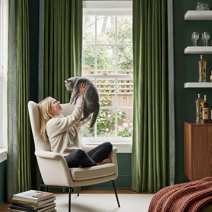 NICETOWN Rod Pocket Embroidered Trim Velvet Curtains, 2 Panels, Olive Green - Image 3