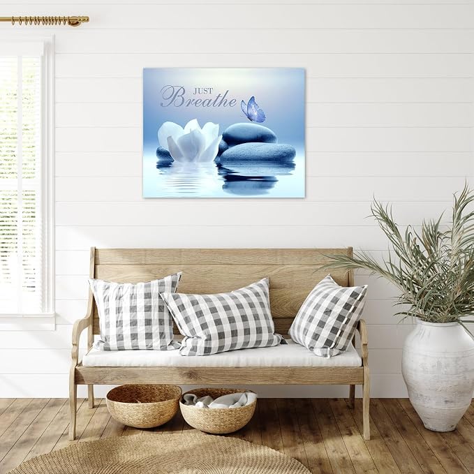 EOBTAIN Zen Canvas Wall Art Bathroom Blue Butterfly and Floral Stone Relaxing - Image 2