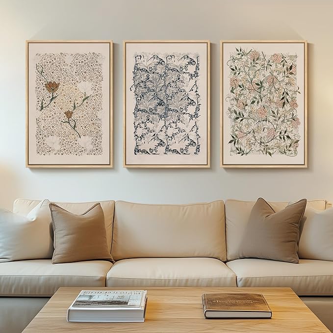 Framed Large William Morris Canvas Wall Art Set of 3, Vintage Nature Floral by Cuspin