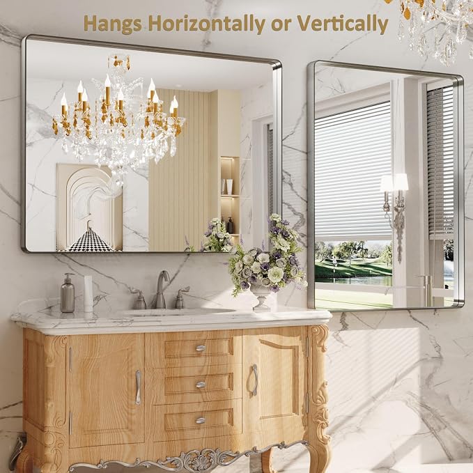 LOAAO 48X36 Inch Brushed Nickel Bathroom Mirror, Rounded Rectangle Silver Metal - Image 4