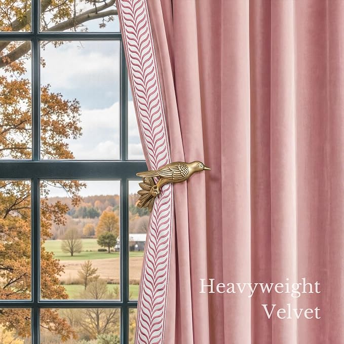 NICETOWN Rod Pocket Embroidered Trim Velvet Curtains, 2 Panels, Blush Pink - Image 6