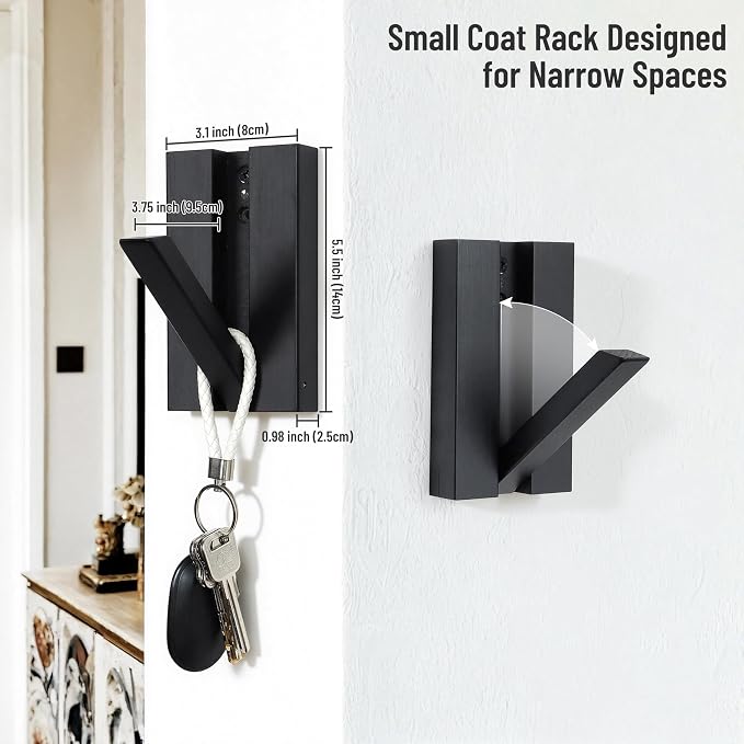 Folding Wall Hooks 2Pack: Black Modern Wooden Coat Hooks Mount - Image 2