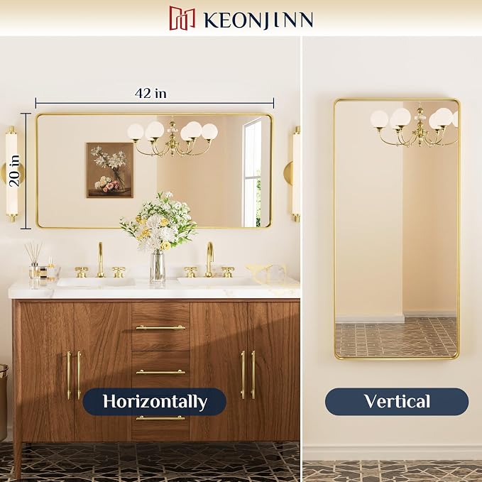 Keonjinn Gold Bathroom Mirrors for Wall 42” x 20” Large Rounded Rectangle Gold - Image 9