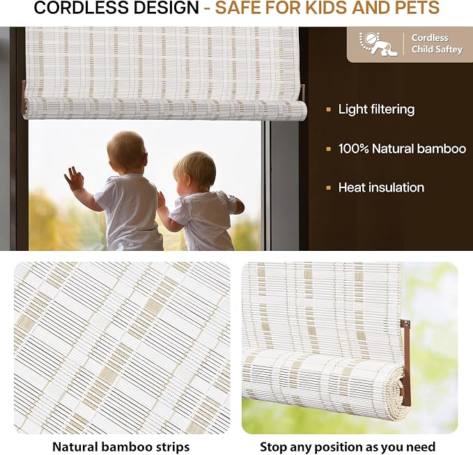 LazBlinds No Tools No Drill Bamboo Roller Shades, Cordless Bamboo Blinds - Image 3