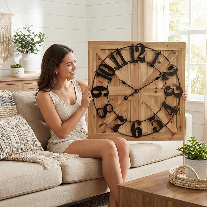 EMAX HOME Large Farmhouse Wall Clock – 24 Inch Brown Square Rustic Wooden Clock - Image 2