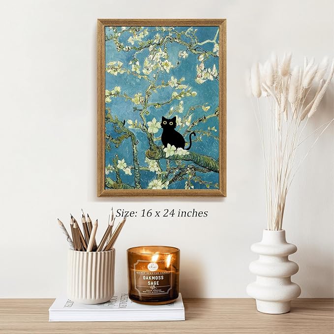 Fantasy Artists Van Gogh's Almond Blossom Funny Black Cat Canvas Wall Art - Image 5