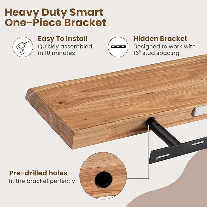 Floating Shelves for Wall Decor, Rustic Solid Elm Wood Live Edge Floating - Image 6