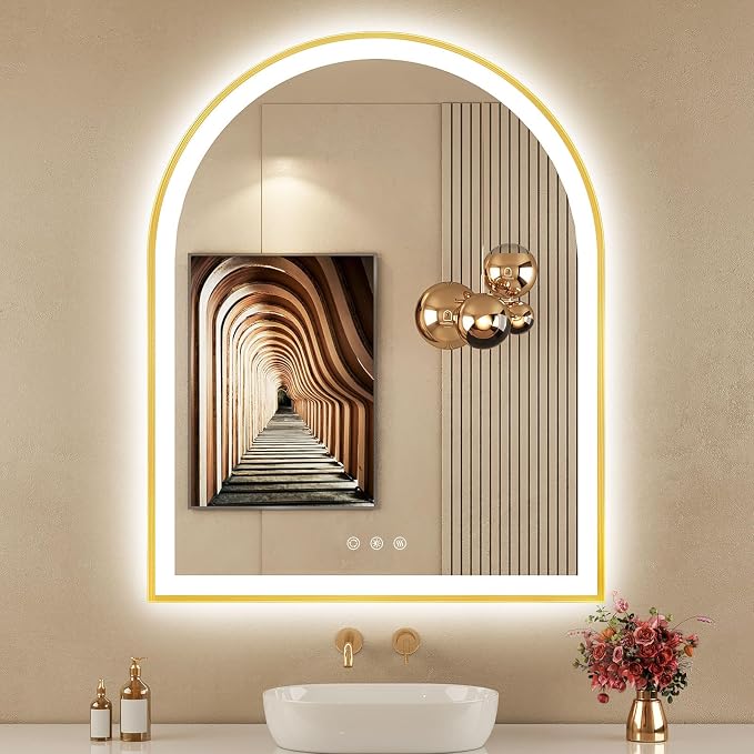 30"x36" Arched LED Mirror for Bathroom, Brushed Gold Lighted Bathroom Mirror by OUMUSUMIRROR