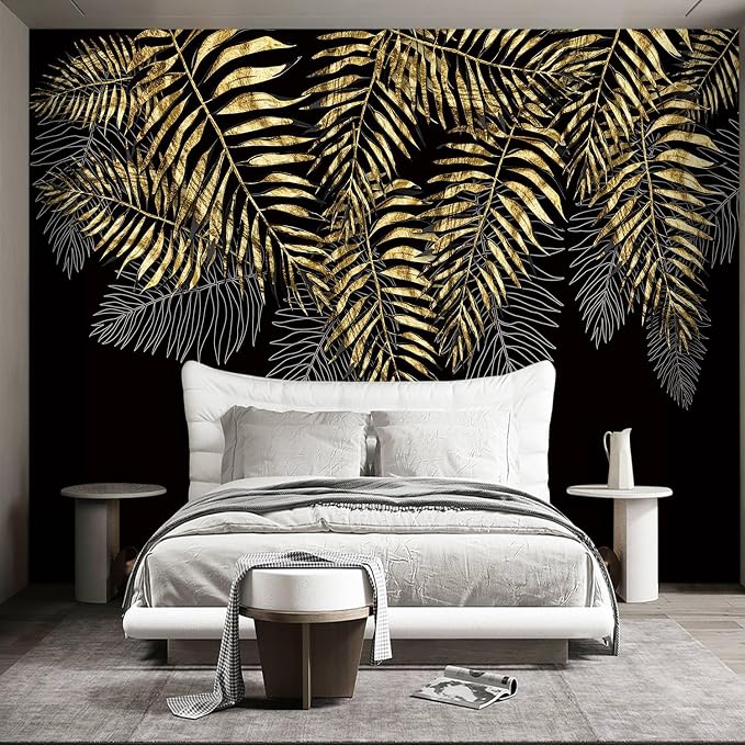 Black and Gold Leaf Mural Bedroom Tropical Botanical Wallpaper Room Plant Decor - Image 2