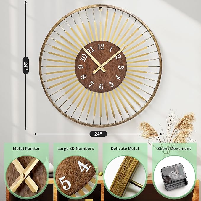 24 Inch Mid-Century Modern Wall Clock, Round Frame Metal Design - Image 5