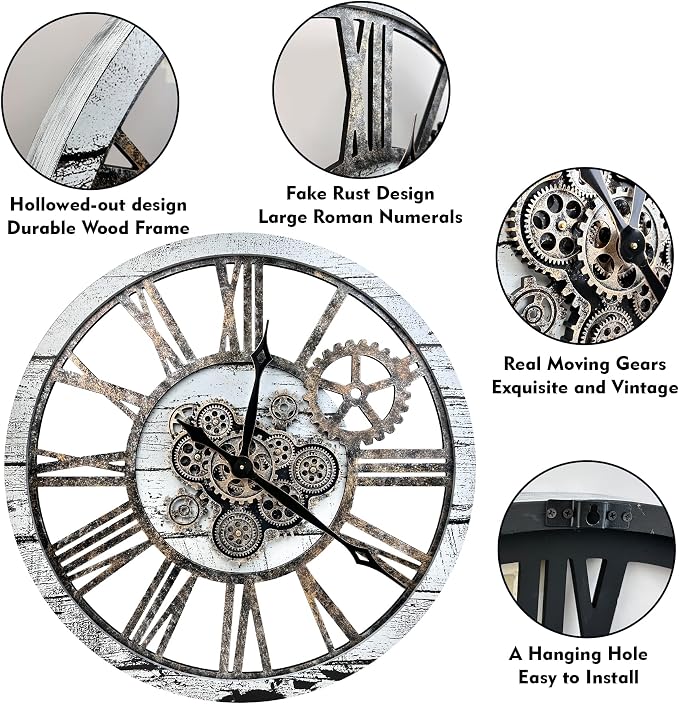 The B-Style Large Real Moving Gears Wall Clock 30 inch Rustic Retro Industrial - Image 4