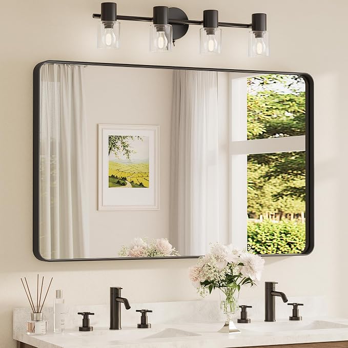 TETOTE 48 x 30 Inch Bathroom Mirror, Matte Black Modern Metal Frame Rectangle by TETOTE