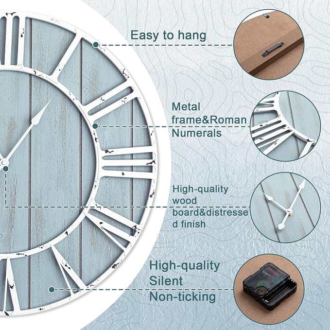 Quelay 30 Inch Coastal Wall Clock, Quiet Ticking Battery Operated, Rustic Retro - Image 3