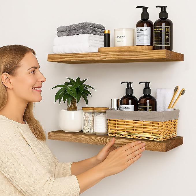 BGMG Wood Floating Shelves for Wall 30 inch Set of 2, Rustic Wooden Wall Mount - Image 2