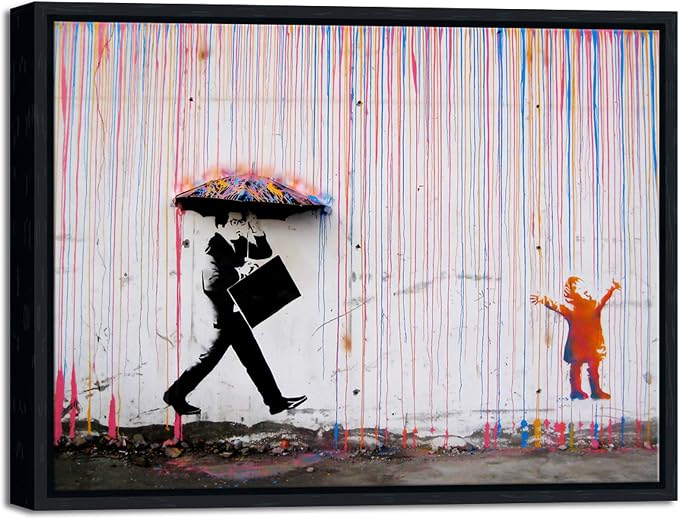 Wieco Art Framed Banksy Raining Day or Colorful Graffiti Street Famous Canvas by WiecoArt