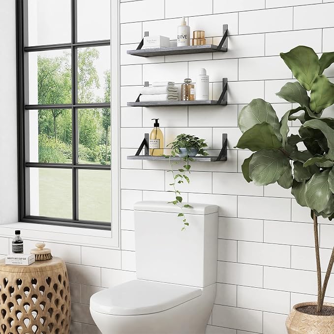 Forbena Grey Floating Shelves for Wall Decor Set of 3, Floating Book Shelves - Image 2