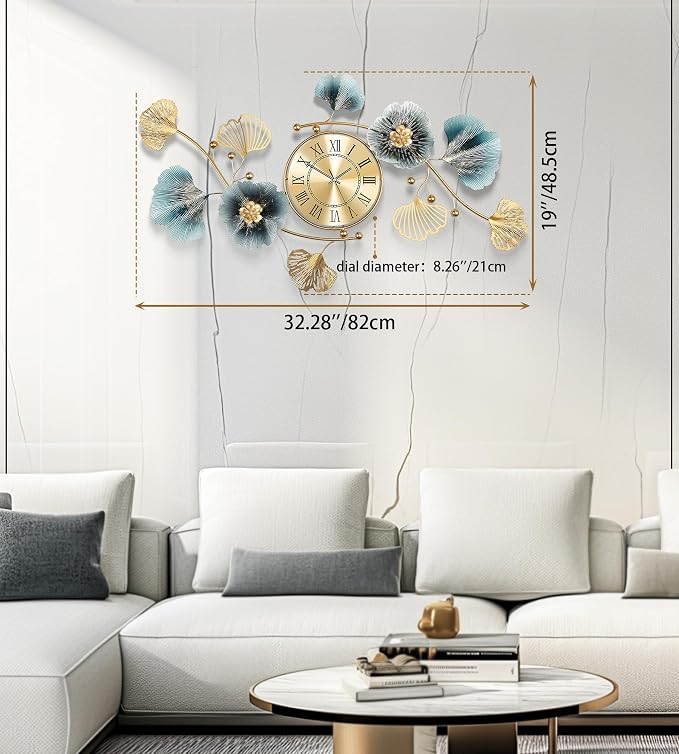 Wall Clocks for Living Room Decor, Large Wall Clock, 3D Creative Metal Ginkgo - Image 3