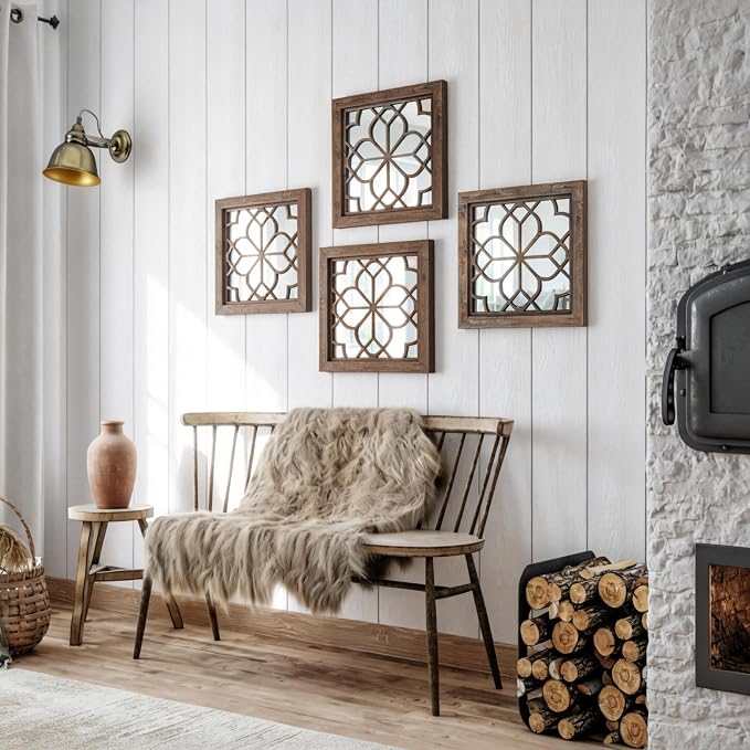 Set of 2 14 Inch Square Redbrown Window Pane Wall Mirrors, Shatterproof Rustic - Image 7