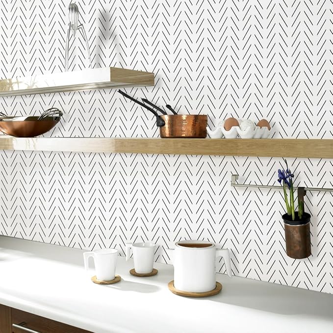 Erfoni Black and White Peel and Stick Wallpaper Modern Herringbone Contact - Image 5