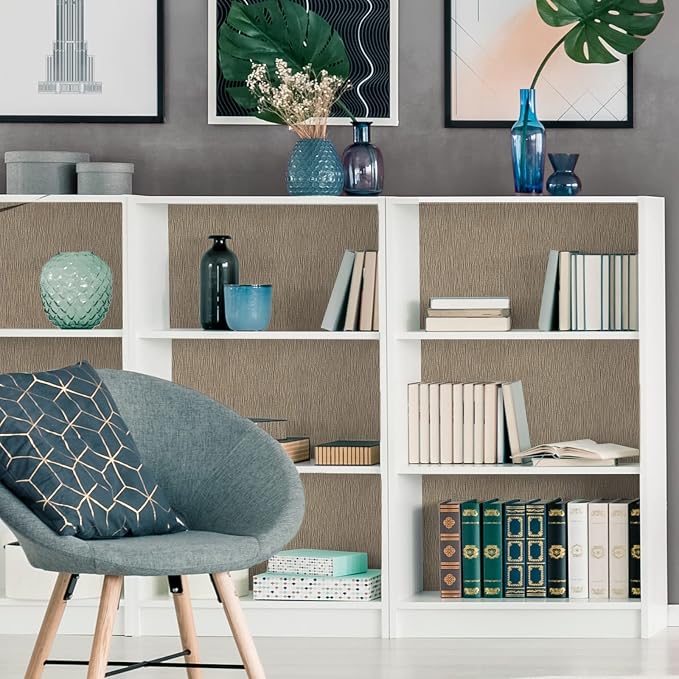 VEELIKE 15.7''x118'' Taupe Grasscloth Wallpaper Peel and Stick Textured Faux - Image 6