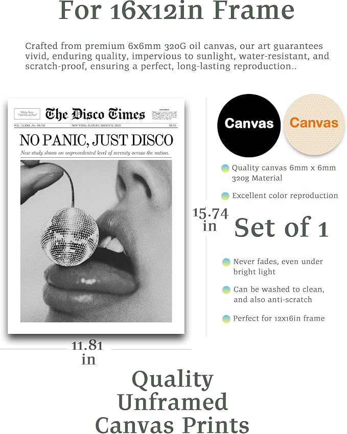 iHery Unframed Trendy Disco NewsPaper Wall Art Prints, 12x16in Canvas Wall Art - Image 2