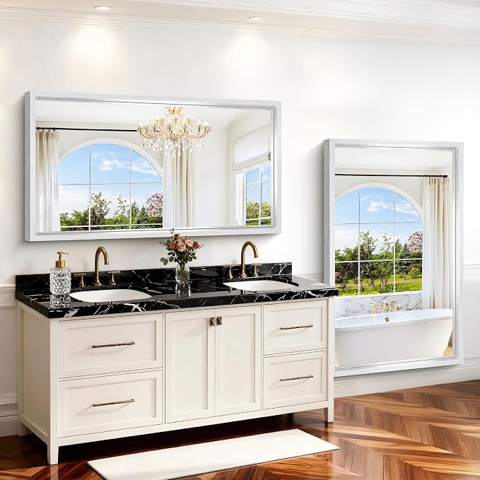 60x36 Inch Brushed Silver Bathroom Mirror, Large Rectangular Mirror - Image 5