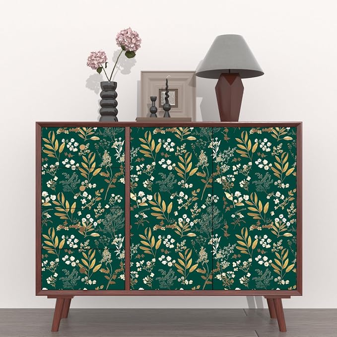 Laatse Dark Green Floral Wallpaper Peel and Stick Green Golden Leaf Wallpaper - Image 3