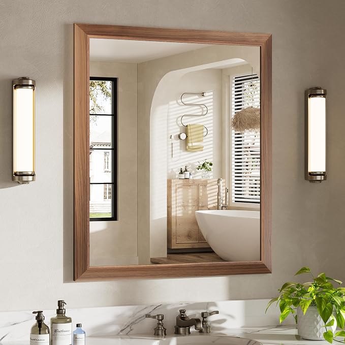 36x30 Inch Bathroom Mirror for Wall, Anti-Rust Walnut Wood Grain Metal Framed by Briivuemodernmirrors