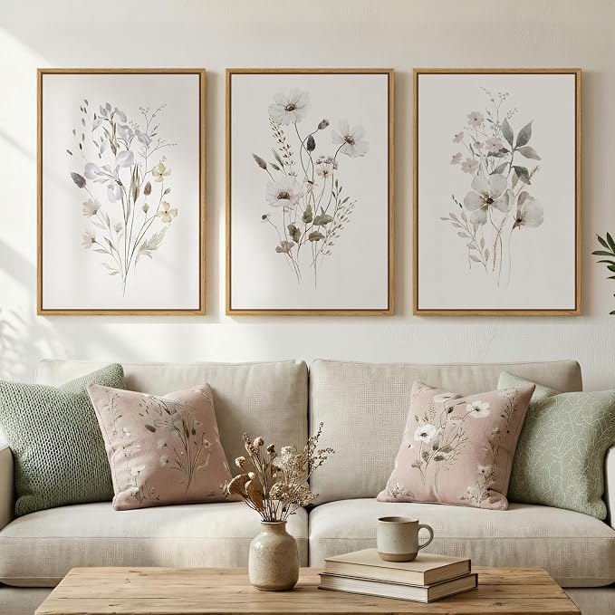 Framed Neutral Botanical Floral Wall Art, 3 Piece Modern Farmhouse Flower by Cuspin