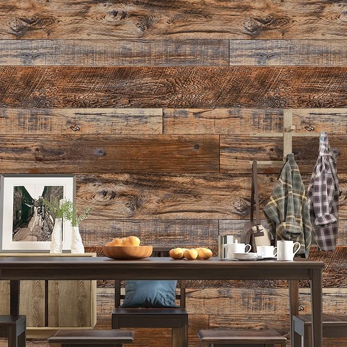 WENMER 11.8" x 78.7" Brown Wood Peel and Stick Wallpaper Shiplap Self Adhesive - Image 4