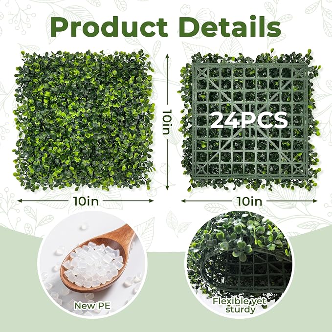 Artificial Grass Wall Panel Screen: 10"x10" 24P UV-Anti Faux Boxwood Panels - Image 2