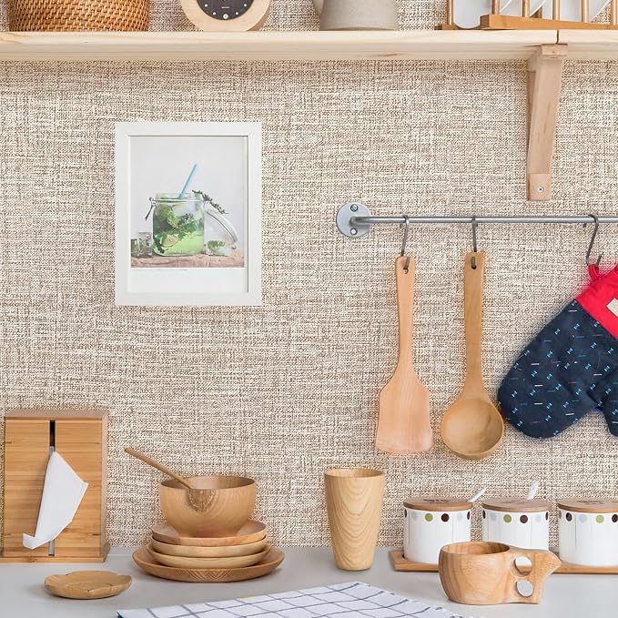 Khaki Grasscloth Peel and Stick Wallpaper 17.3"x160" Faux Linen Textured - Image 3