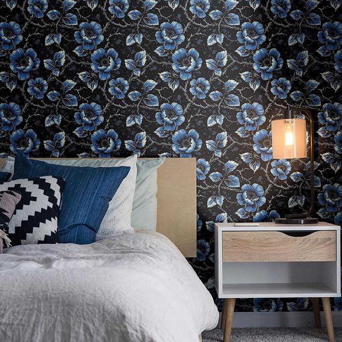 FLFK Floral Wallpaper Peel and Stick Dark Blue Flower Wallpaper 16" x 128" - Image 6