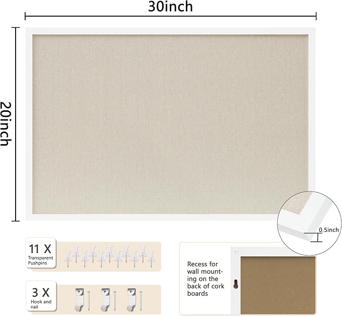 DAHAPYBOO Cork Board with Linen White, Bulletin Board 30"x20" Hanging Corkboards - Image 2