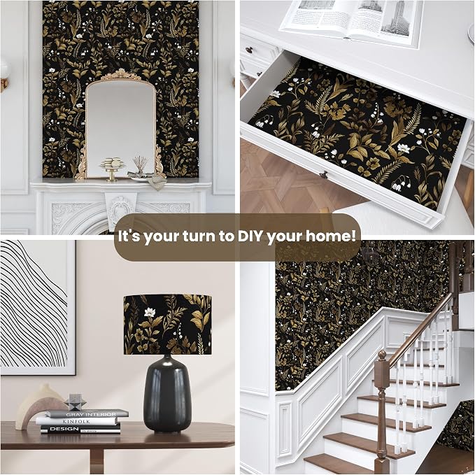 Dark Floral Peel and Stick Wallpaper, Vintage Leaf Pattern Black Gold Self - Image 9