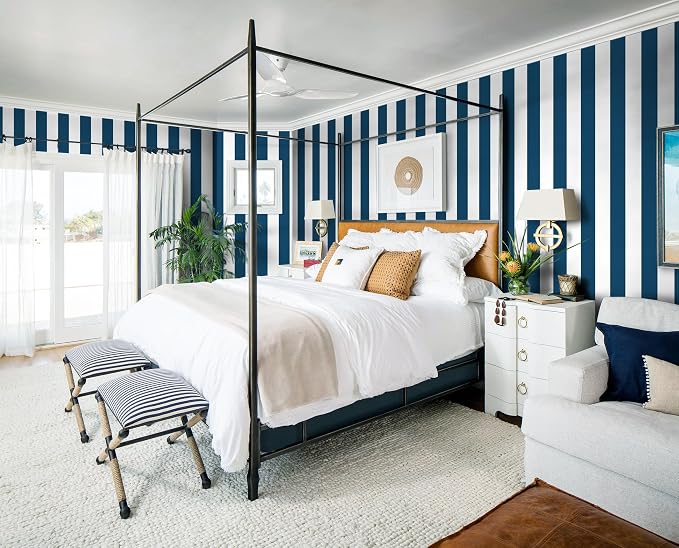 Guvana 17.7"×472" Striped Peel and Stick Wallpaper Blue and White Self-Adhesive - Image 5