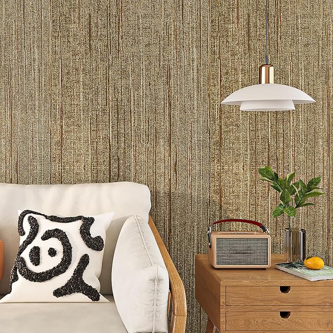 Livelynine Gold Grasscloth Peel and Stick Wallpaper Textured Accent Wall Paper - Image 5