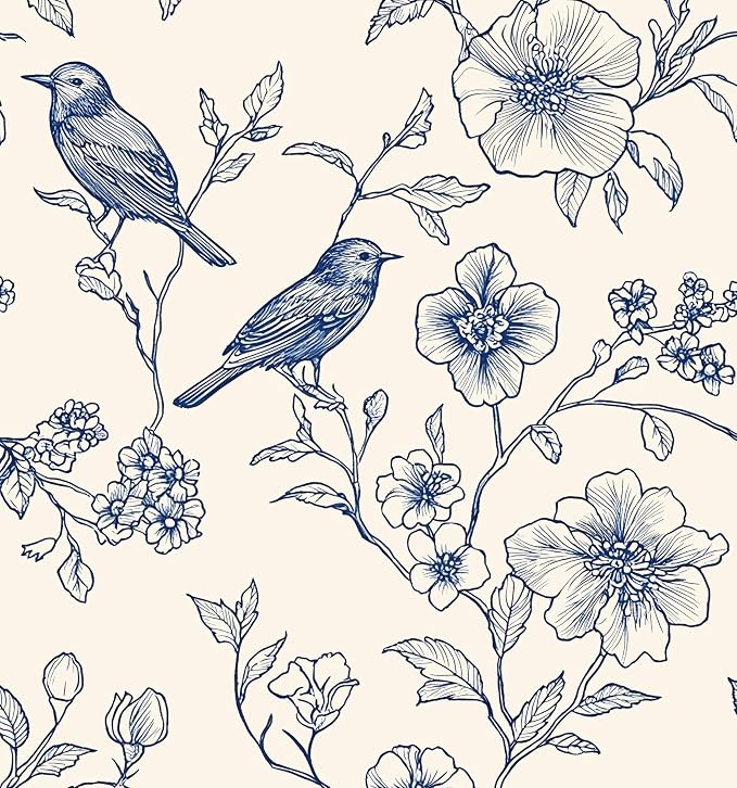 Beige Wallpaper Peel and Stick Blue Floral Bird Vintage Contact Paper 17.5" x by Laatse