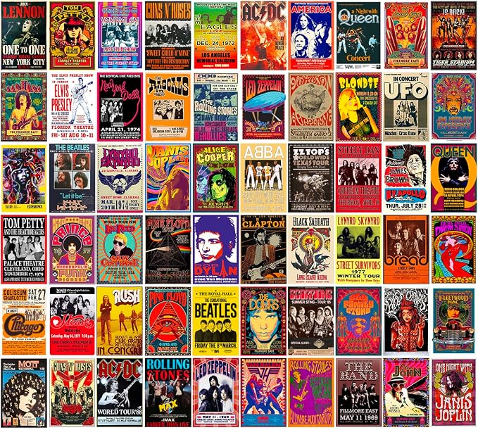 WOONKIT 60 PC Vintage Rock Band Posters, 70s 80s 90s Retro Concert Prints by woonkit