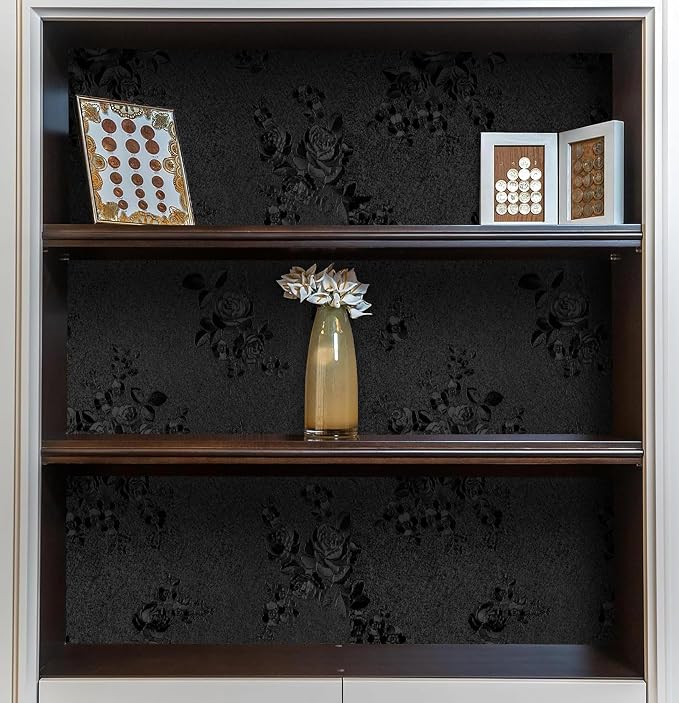 Erfoni Black Peel and Stick Wallpaper Black Floral Embossed Contact Paper - Image 2