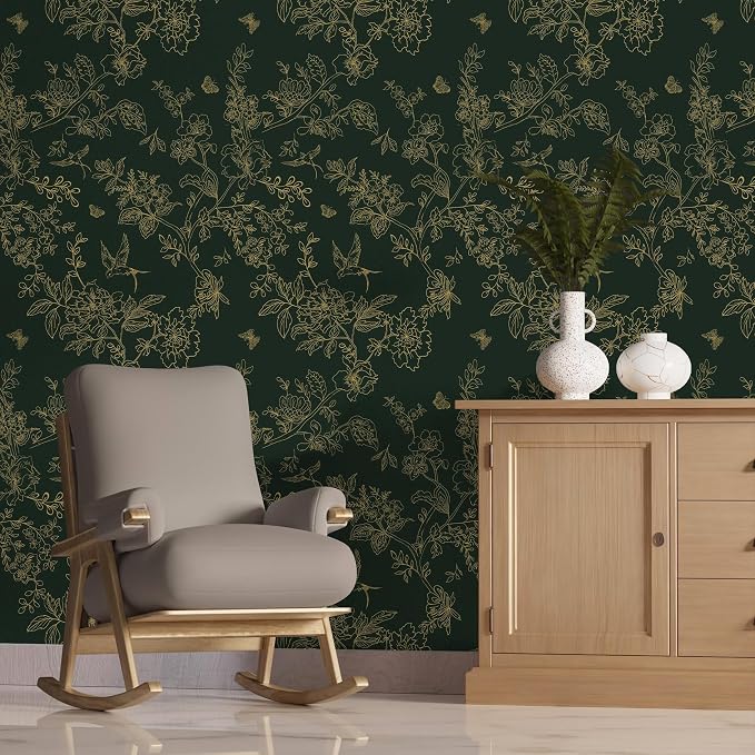Froluya Dark Green and Gold Wallpaper Floral Peel and Stick Wallpaper - Image 8