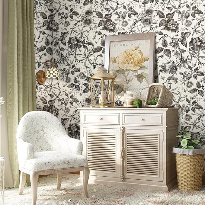 JiffDiff Floral Vintage Wallpaper Peel and Stick Wall Stick Black and White - Image 7