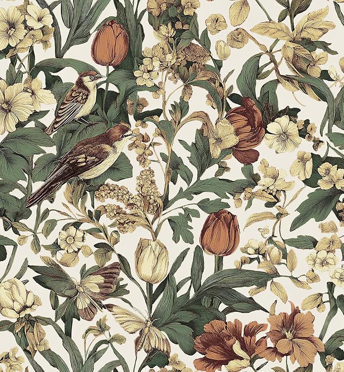 Erfoni 17.3" x 394" Birds Floral Peel and Stick Wallpaper Vintage Contact Paper by Erfoni