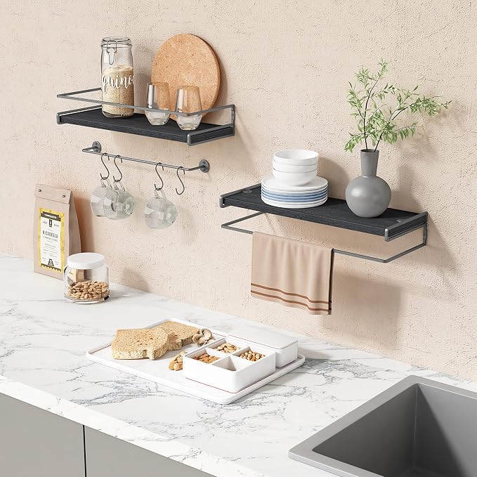 Forbena Black Floating Shelves for Bathroom Wall Set of 2, Kitchen Spice Rack - Image 5