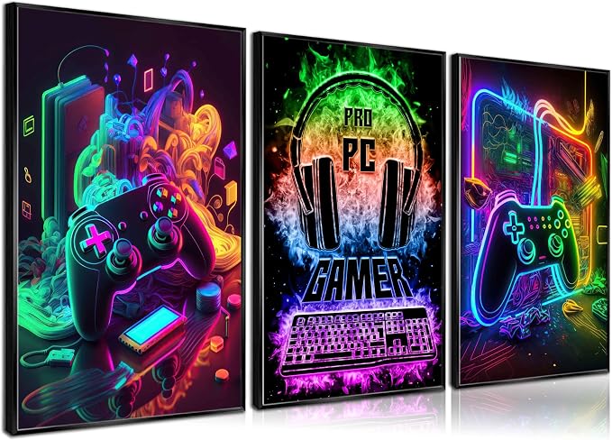 3Pcs Cool Gaming Wall Art Retro Video Gamer watercolor Posters Pictures by PPV